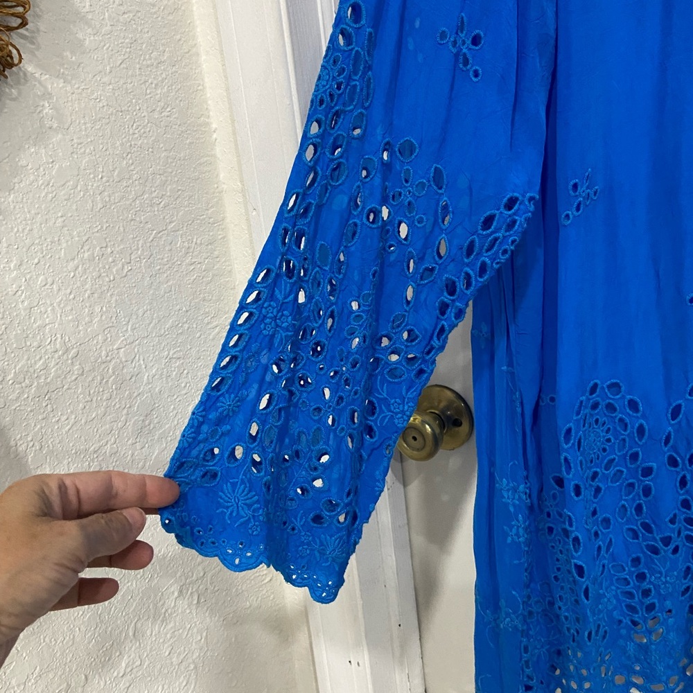 Johnny Was Spring& Summer Eyelet Sapphire Blue Button Up Tunic Size 1X - Picture 3 of 5